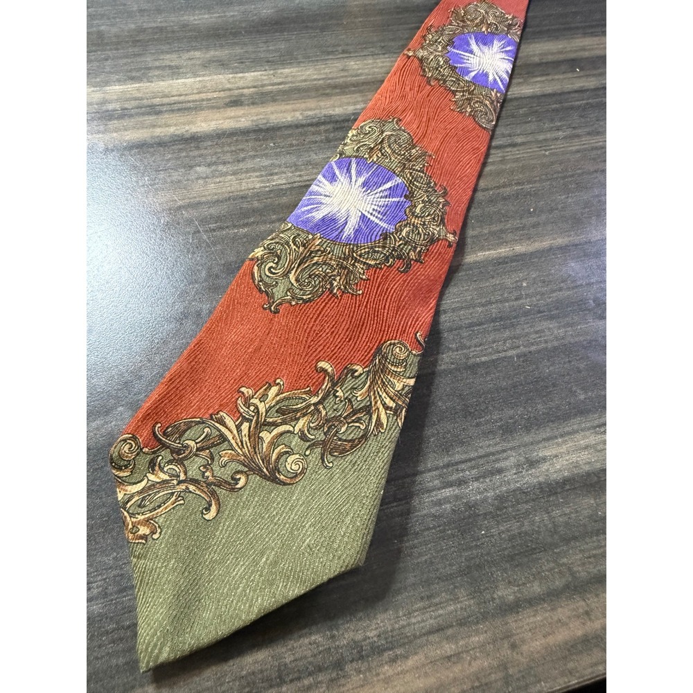 Oscar de la Renta Couture Silk Tie Burnt Orange Olive Green Baroque Sunburst